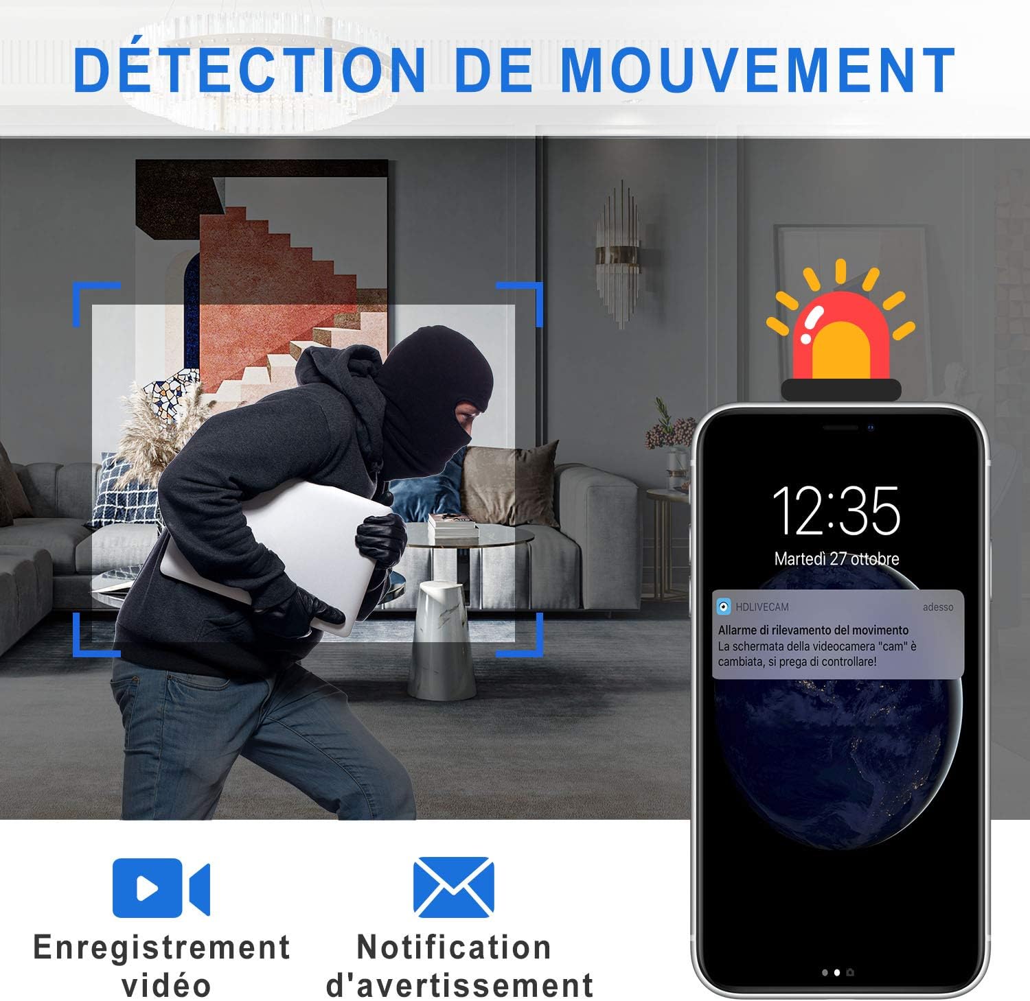 Smartphone displaying a motion detection alert from the QZT Mini WiFi Camera