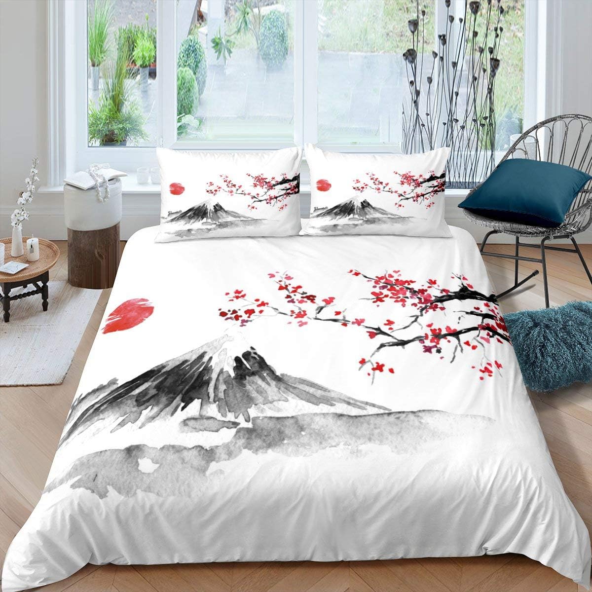 FeelyouCherry Blossom Duvet Cover Set For Girls Women Queen Size Chic Japanese Style Bedding Set Teen Bedroom Decor Exotic Fuji Mountain Comforter Cover Natural Scenery Art, Soft, Zipper