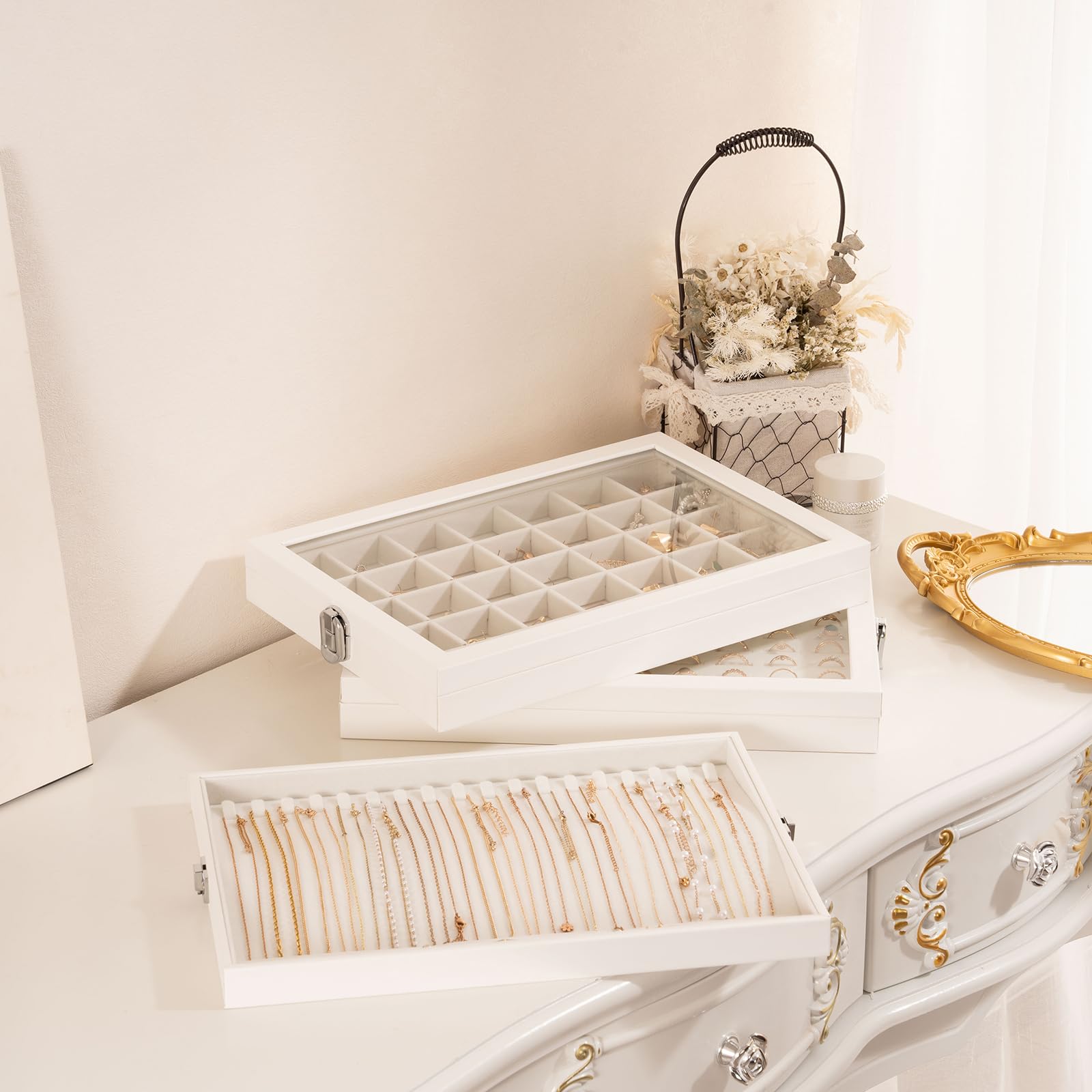 Lolalet Bandeja Organizadora para Collares con Tapa, 18 ganchos para Joyas Caja de Almacenamiento para Cajón -Beige