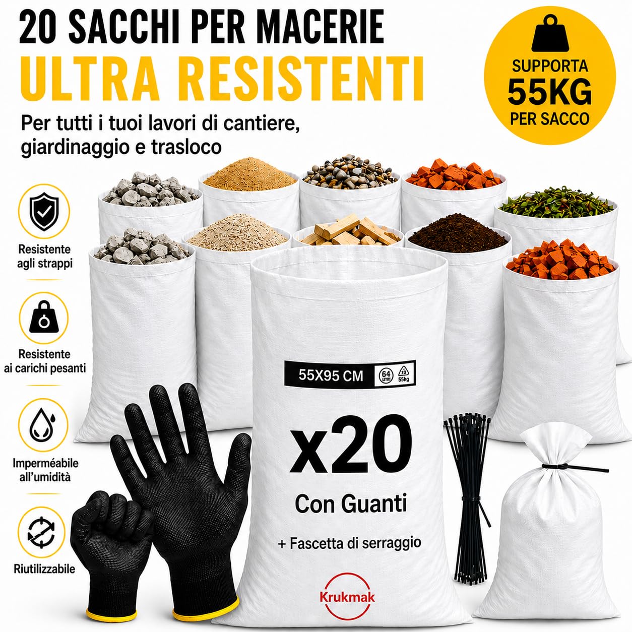 20 sacchetti da cantiere, 95 x 55 cm, in polipropilene intrecciato, ultra resistenti, con 20 fascette e 1 paio di guanti da manipolazione
