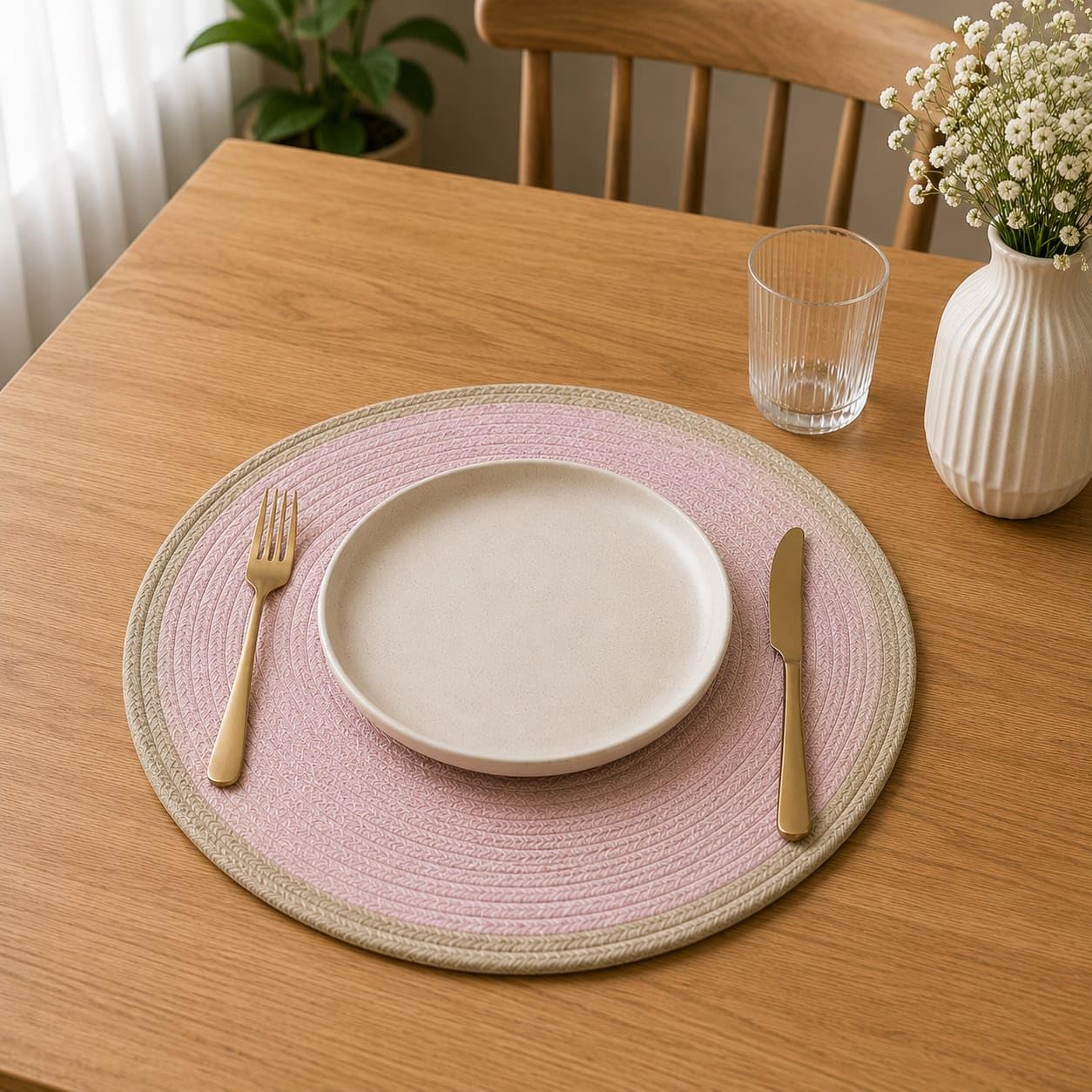 Cotton Braided Round Placemat for Dining Table | Center & Side Table Mat | Heat Resistant Woven Table Mat | Pink & Beige | 38 cm Round | Pack of 1-image-43