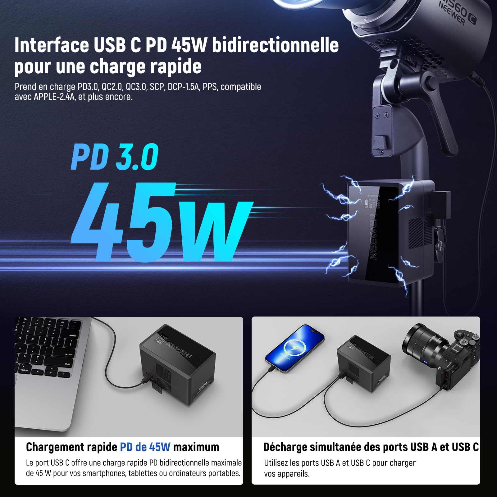 NEEWER 50Wh Mini Batterie V Mount avec Prise D Tap/USB C/USB A/BP/Double Ports CC/ Écran OLED, 3450mAh 14,54V, Batterie V Lock, Prend en Charge de la Charge Rapide 45W PD pour Appareil Photo