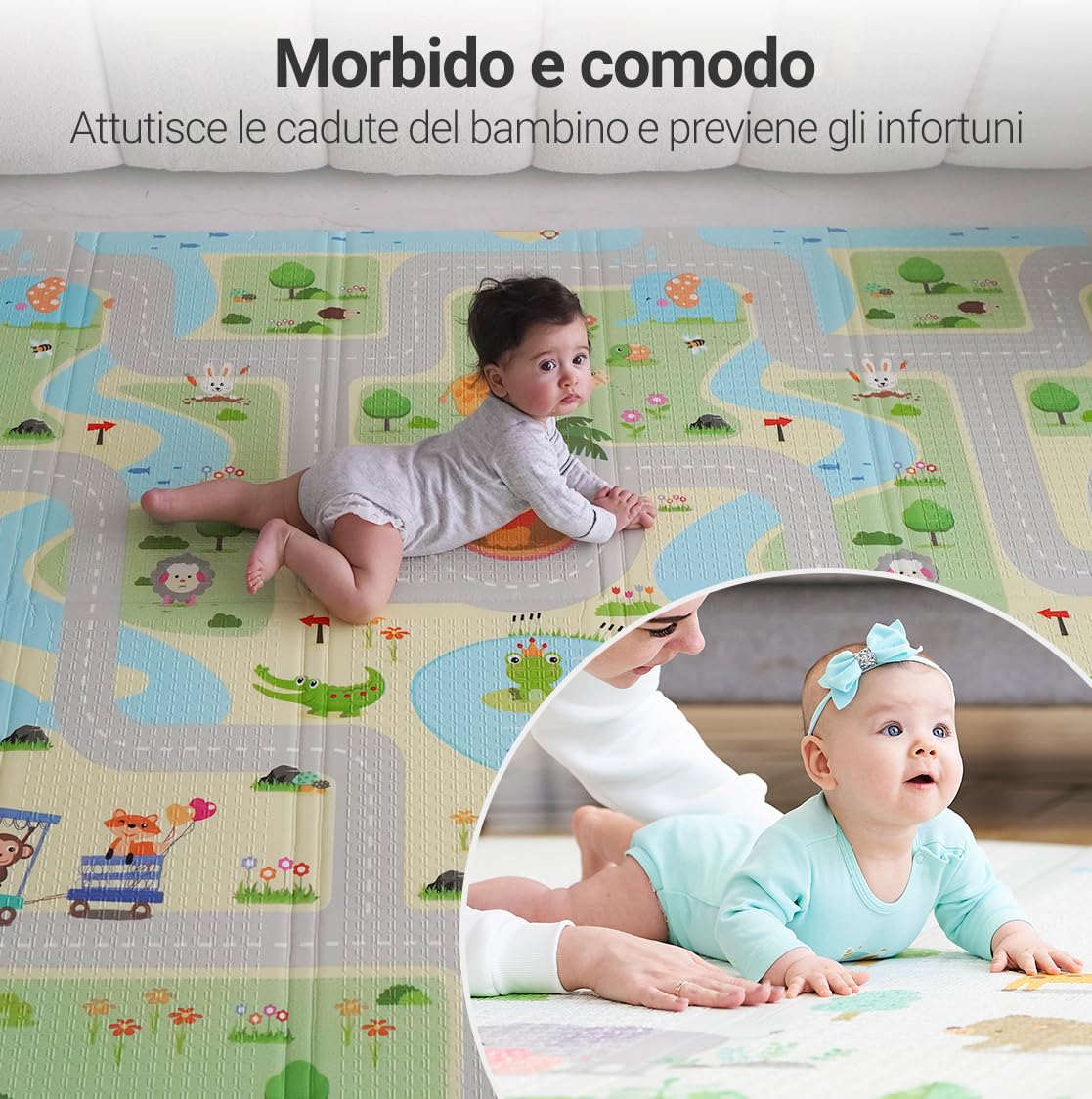 MIKMEL Tappetino da gioco per bambini (Strade/Animali, Grande)