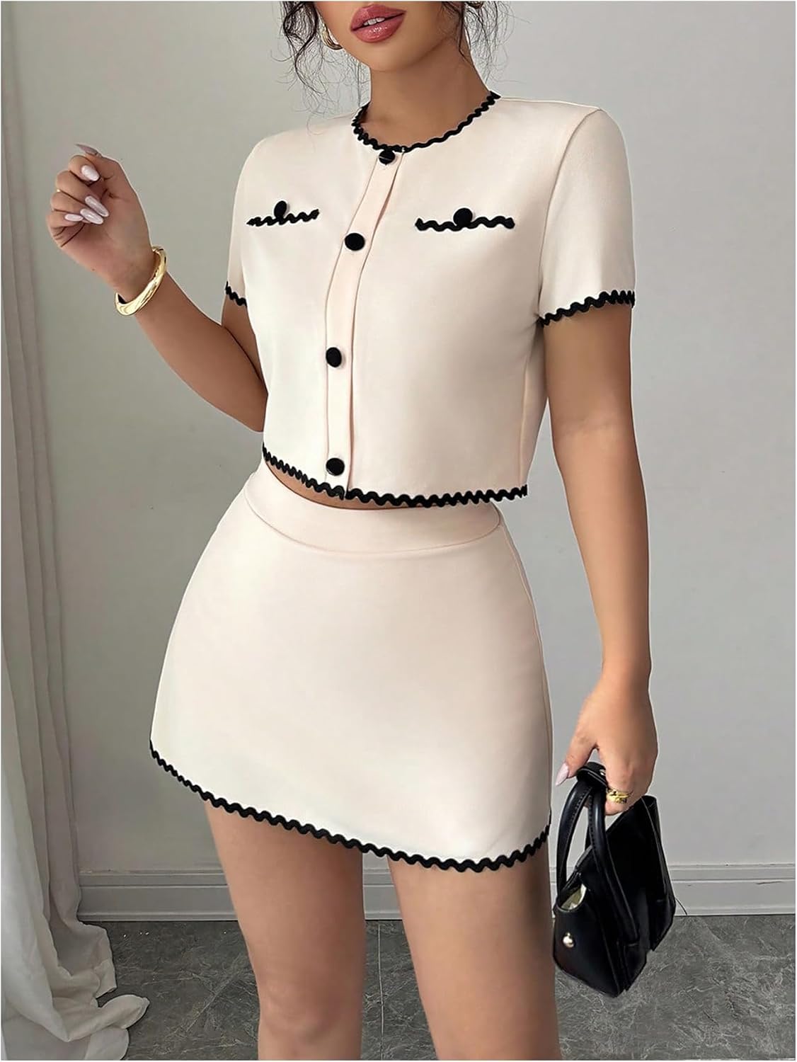Milumia Women's 2 Piece Outfits Short Sleeve Button Up Crop Top image 2