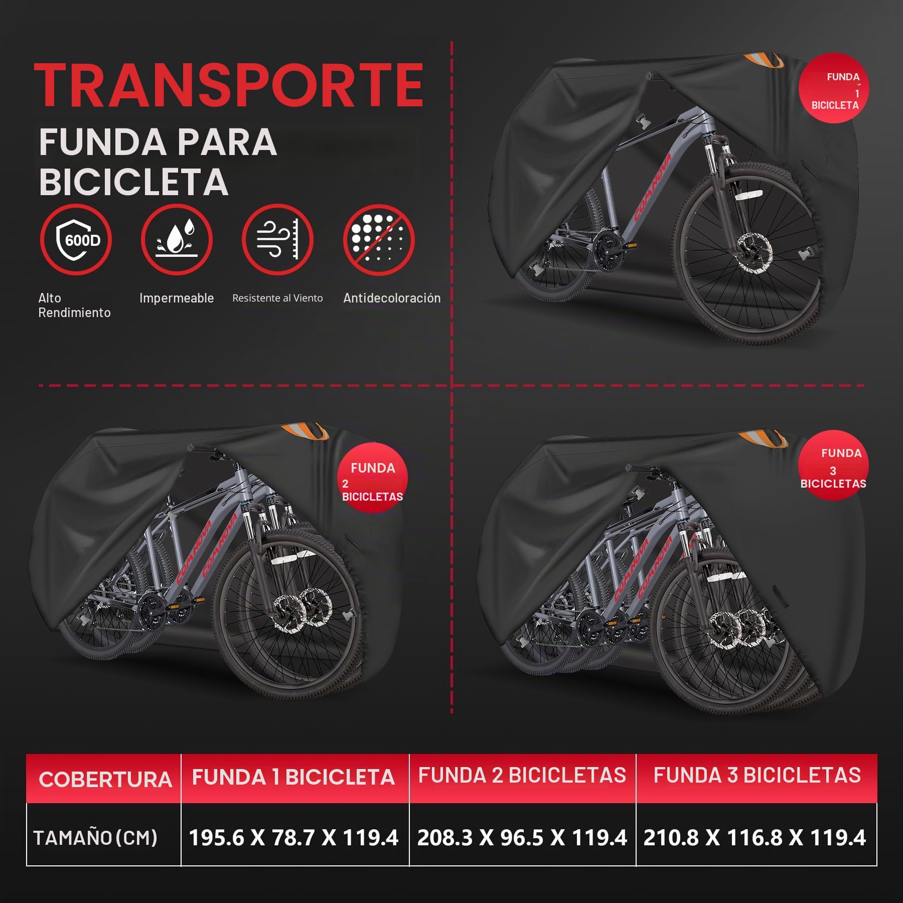 Zettum Funda de Bicicleta para Transporte de 3 Bicicleta, Cubierta Protector para Almacenamiento Exterior, 600D Oxford Impermeable Funda de Bicicleta con Hebillas Inteligentes Resistentes al Viento