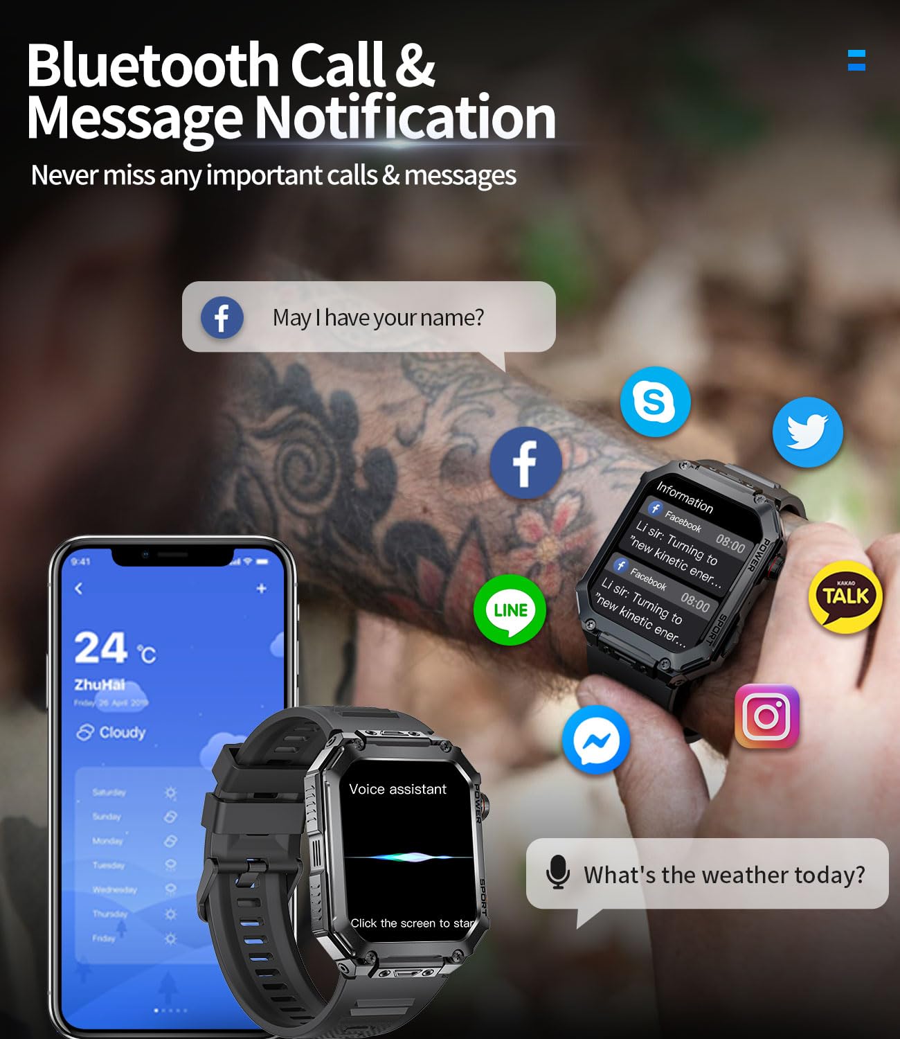 LIGE Męski zegarek wojskowy z funkcją telefonu, 1,96 cala HD, stalowy sprzęt, 400 mAh 5 ATM, wodoszczelny, 100 trybów sportowych, zegarek fitness, krokomierz