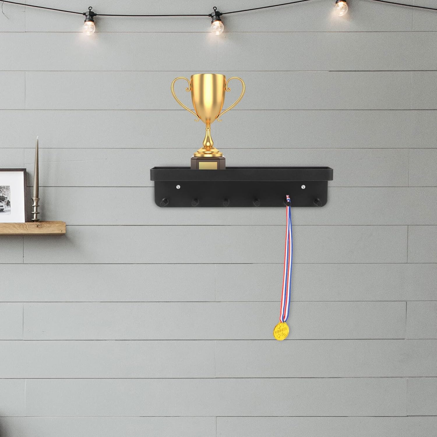 Metal Wall Mount Shelf Display Holder Rack with 6pcs Hooks for Tennis Football Sport Trophy Medal Prizes Organizer Black