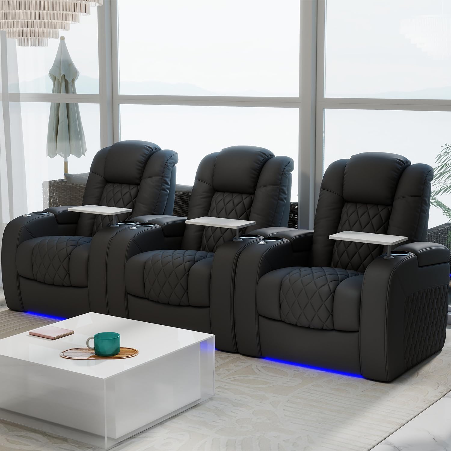 PBRO Home Theater Seating Top Grain Leather, Movie Theater Seats for Home, 3 Set Black Recliner Sofa with Power Reclining & Headrest USB Charging Ports Cup Holder Ambient Lighting