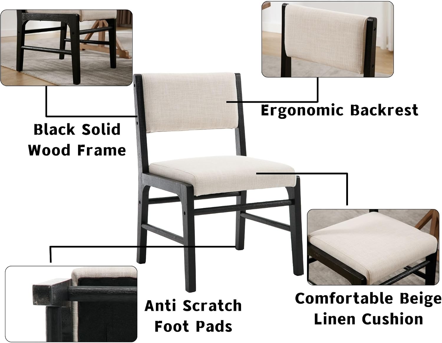 HNY Set of 2 Beige Linen Dining Chairs with Black Wood Frame, Modern Fabric Upholstered Kitchen Chair with Rectangular Back, Armless Wooden Kitchen & Dining Room Accent Side Chairs for Living Room