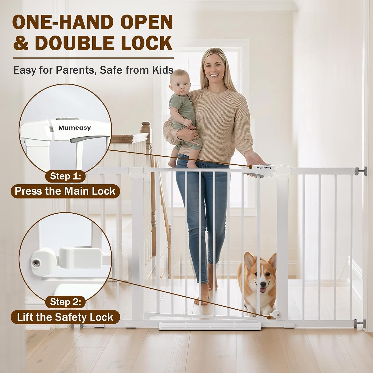 Mumeasy 29.7–51 Inch Extra Wide Baby Gate for Stairs, Extra Long Indoor Dog Gate for Doorways, Pressure Mounted Walk Thru Child Gate with Auto-Close, No-Drill Safety Pet Gate with Door for House,White