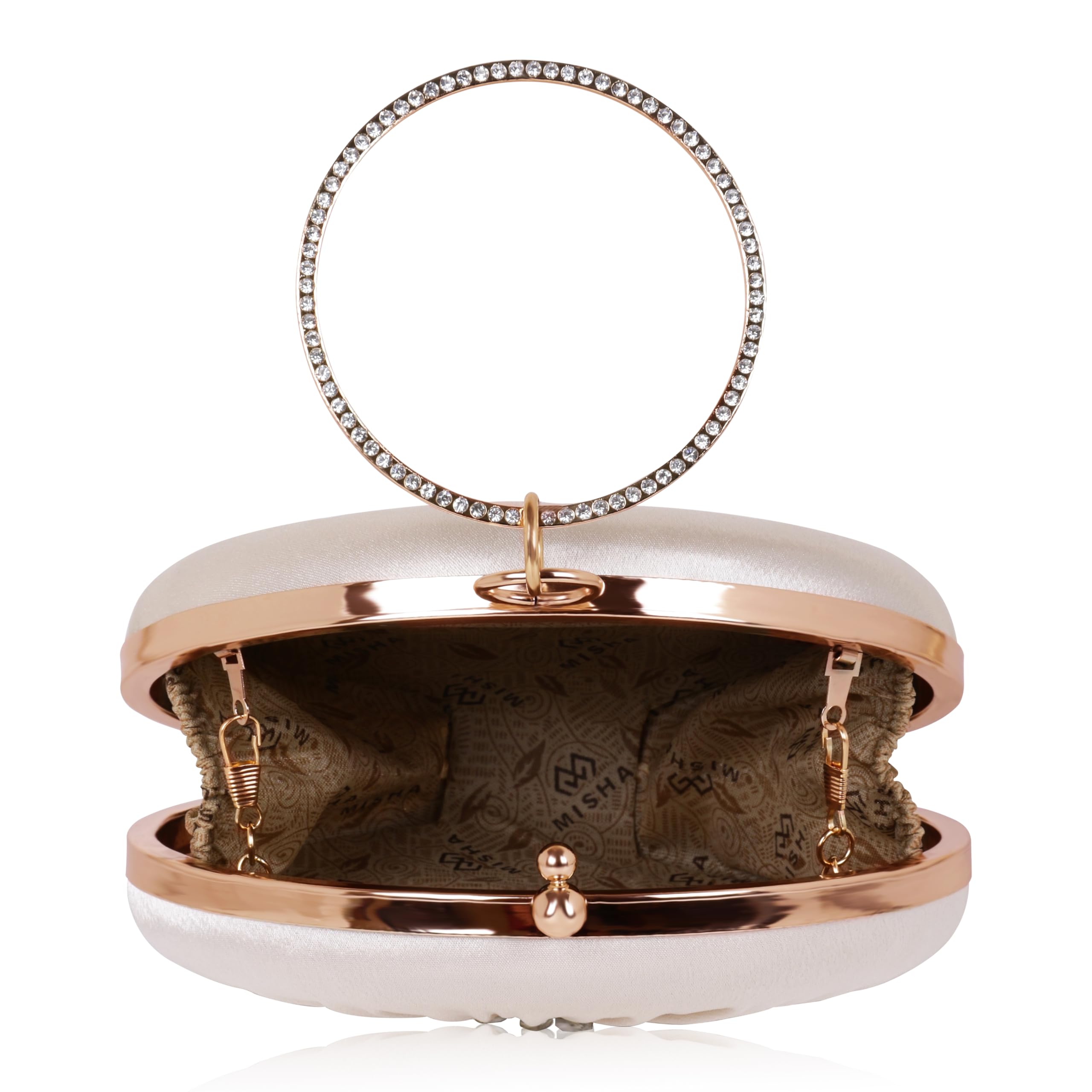 MISHA Radiant Bloom Ring Clutch, Crystal Rhinestone Brooch, Ring Handle with Chain (Gold) 2