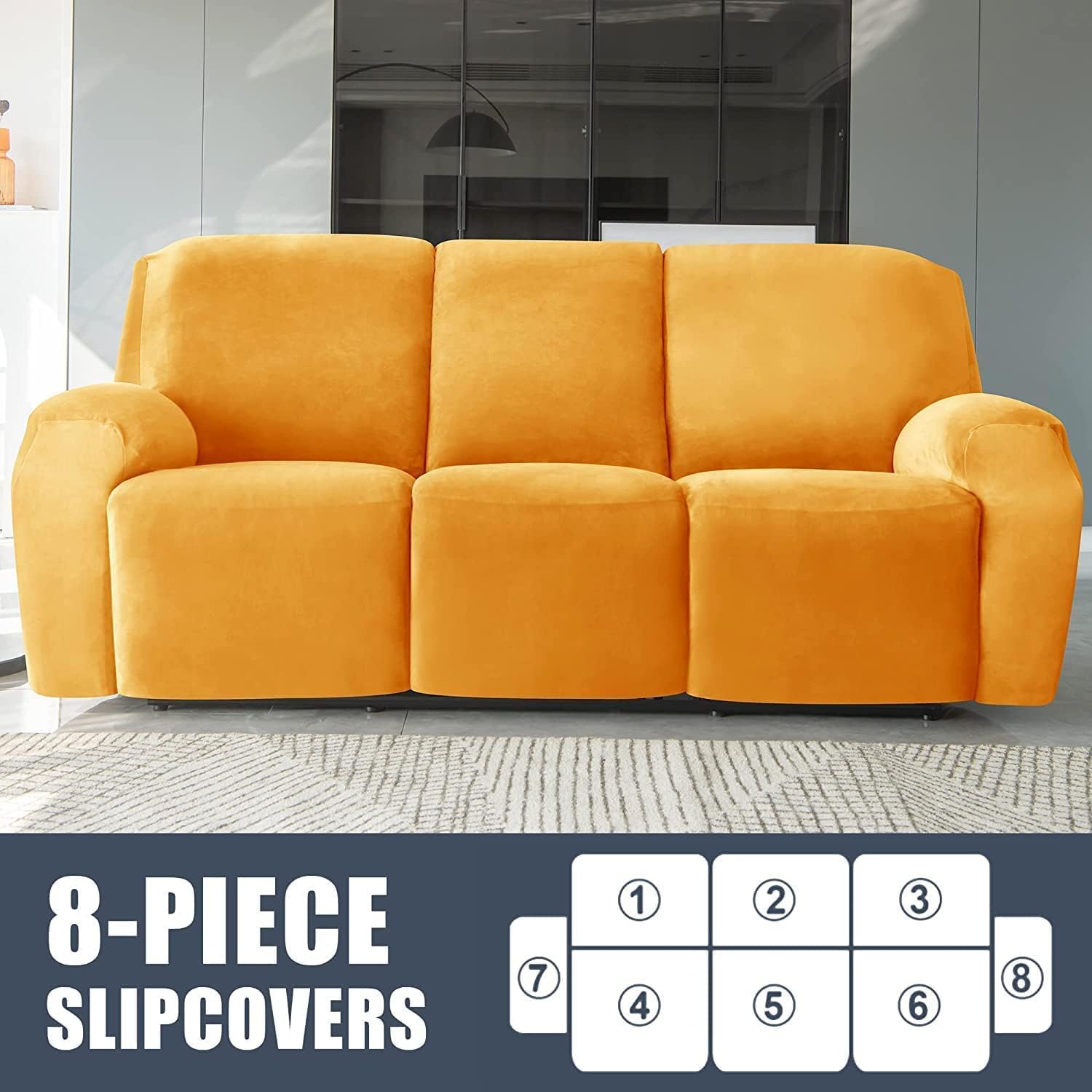 Velvet Recliner Sofa Cover Split Reclining Couch Cover Stretch Recliner Sofa Slipcovers Anti-Slip Furniture Covers with Elastic Bottom for Living Room (Color : Yellow, Size : 3 Seater 8-Piece)