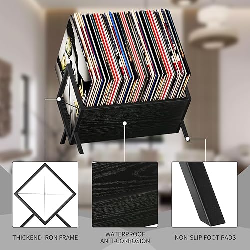 Vista 6 de YINMIT Vinyl Record Holder - 80-100 LP Vinyl Record Storage Rack, Quick Assembly Display, Retro Style Organizer for Magazine, Book, Files, Albums