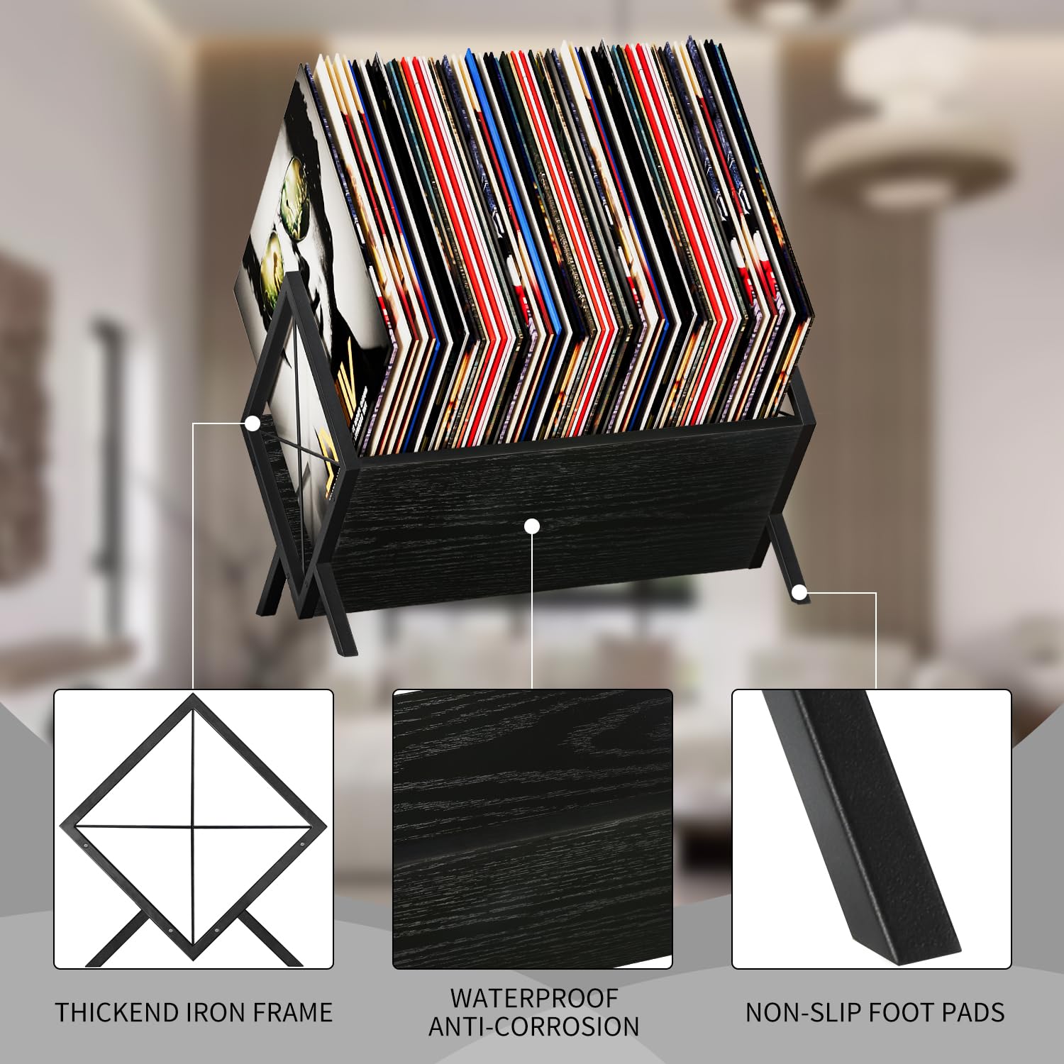 YINMIT Soporte para discos de vinilo, estante de almacenamiento de 80-100 LP, organizador de exhibición de discos de estilo retro para discos de vinilo, álbumes, revistas, libros y archivos, fácil
