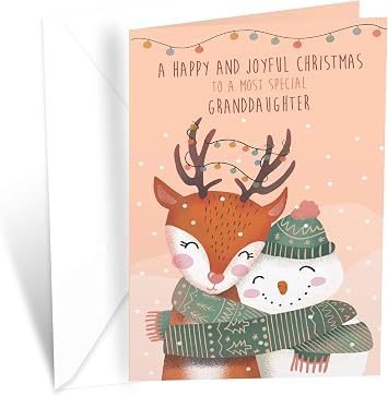Prime Greetings Christmas Card For Granddaughter, Made in America, Eco-Friendly, Thick Card Stock with Premium Envelope 5in x 7.75in, Packaged in Protective Mailer