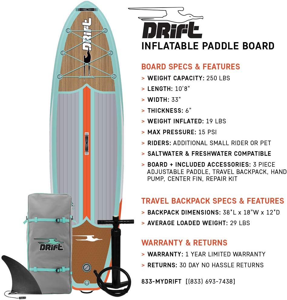 Exсluѕіvе Dіѕсоunt 🔥 DRIFT Inflatable Stand Up Paddle Board, SUP with Paddle, Backpack Travel Bag, Pump, Fin, & Coiled Leash