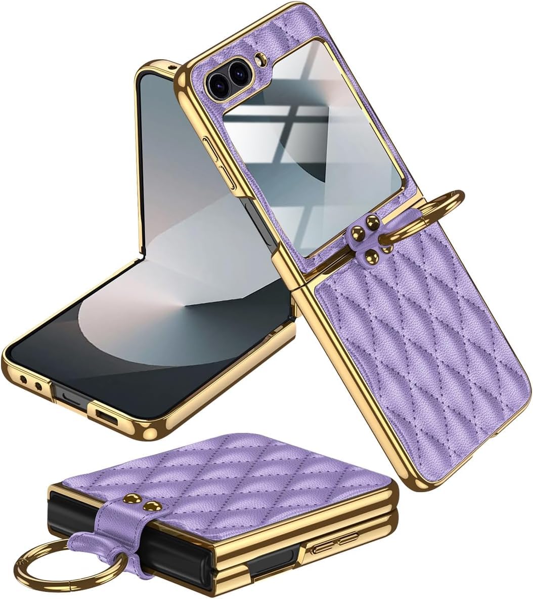 Case for Samsung Galaxy Z Flip 6 Case, Built-in Screen Protector with Ring Holder Leather Case with Golden Color Plating Shockproof Anti-Skid Full Coverage Protective Cover for Z Flip 6 (Purple)