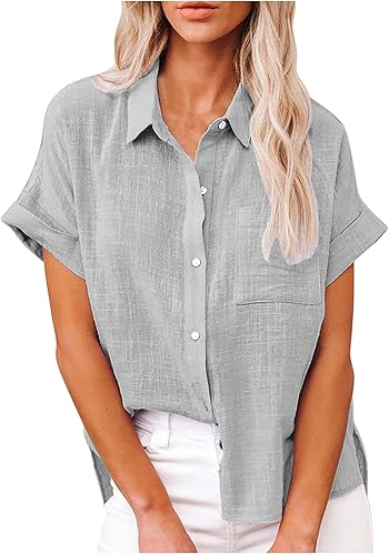 SMIDOW Camisas de lino de algodón con botones para mujer, cuello en V, manga corta, enrollables, blusas de cuello holgado, blusas casuales de trabajo