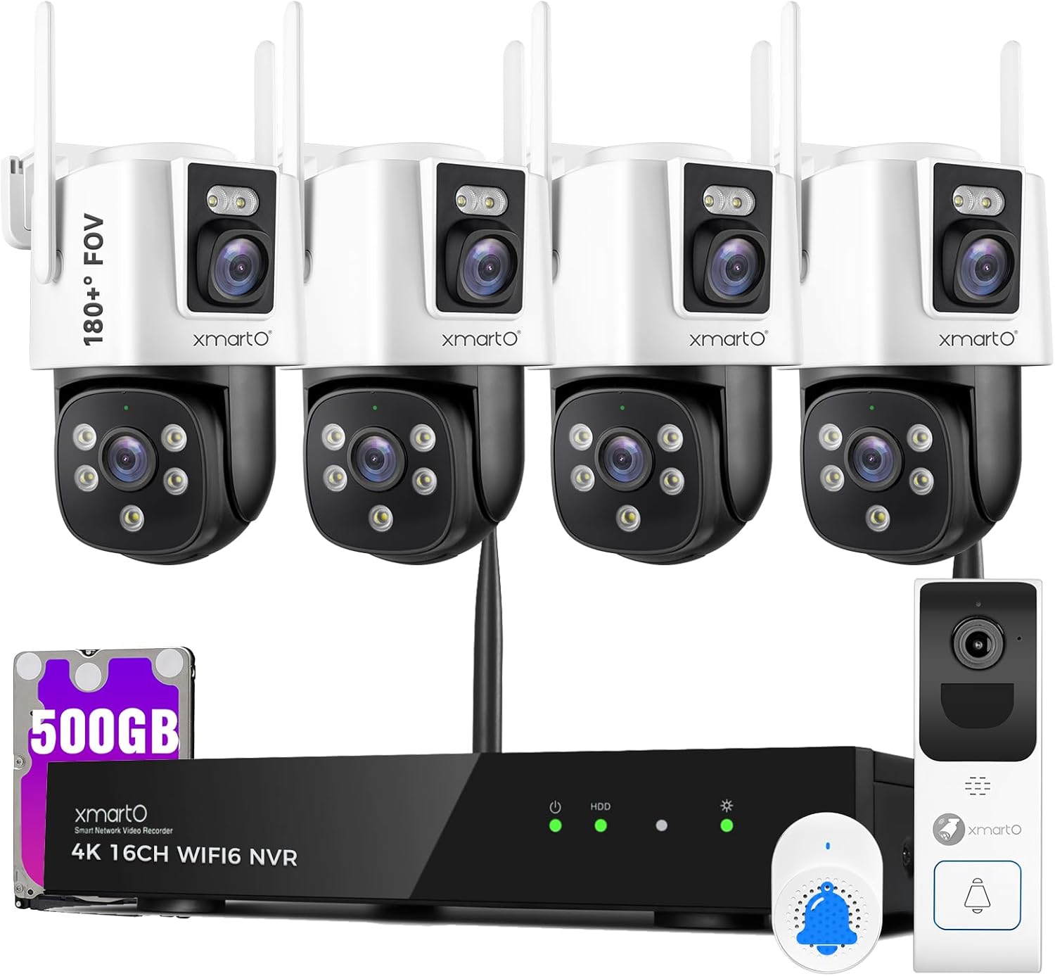 xmartO [Doorbell + 4-CAM] Dual-Lens Wireless Camera & Smart Video Doorbell Security Bundle, 16CH 4K WiFi6 Mesh NVR with 500GB HDD, 4MP 180° FOV/360° PTZ AI Tracking, 2-Way Audio, No Monthly Fee