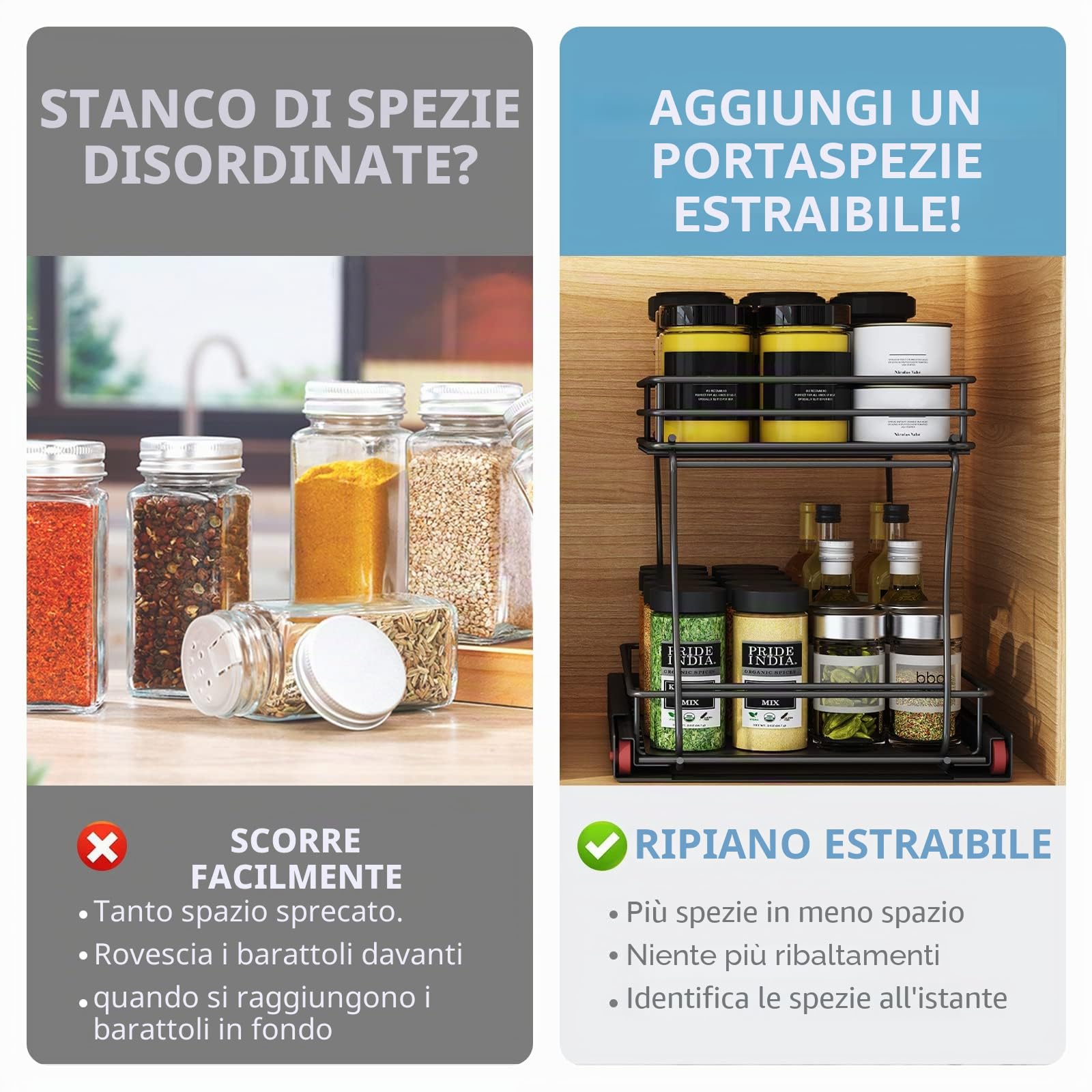 Portaspezie per Organizer， Porta Spezie per Cucina Estraibile 2 Livelli, Organizer Sottolavello Cucina, Organizzatore Porta Spezie per Riporre Barattoli e Spezie,Metallo/nero