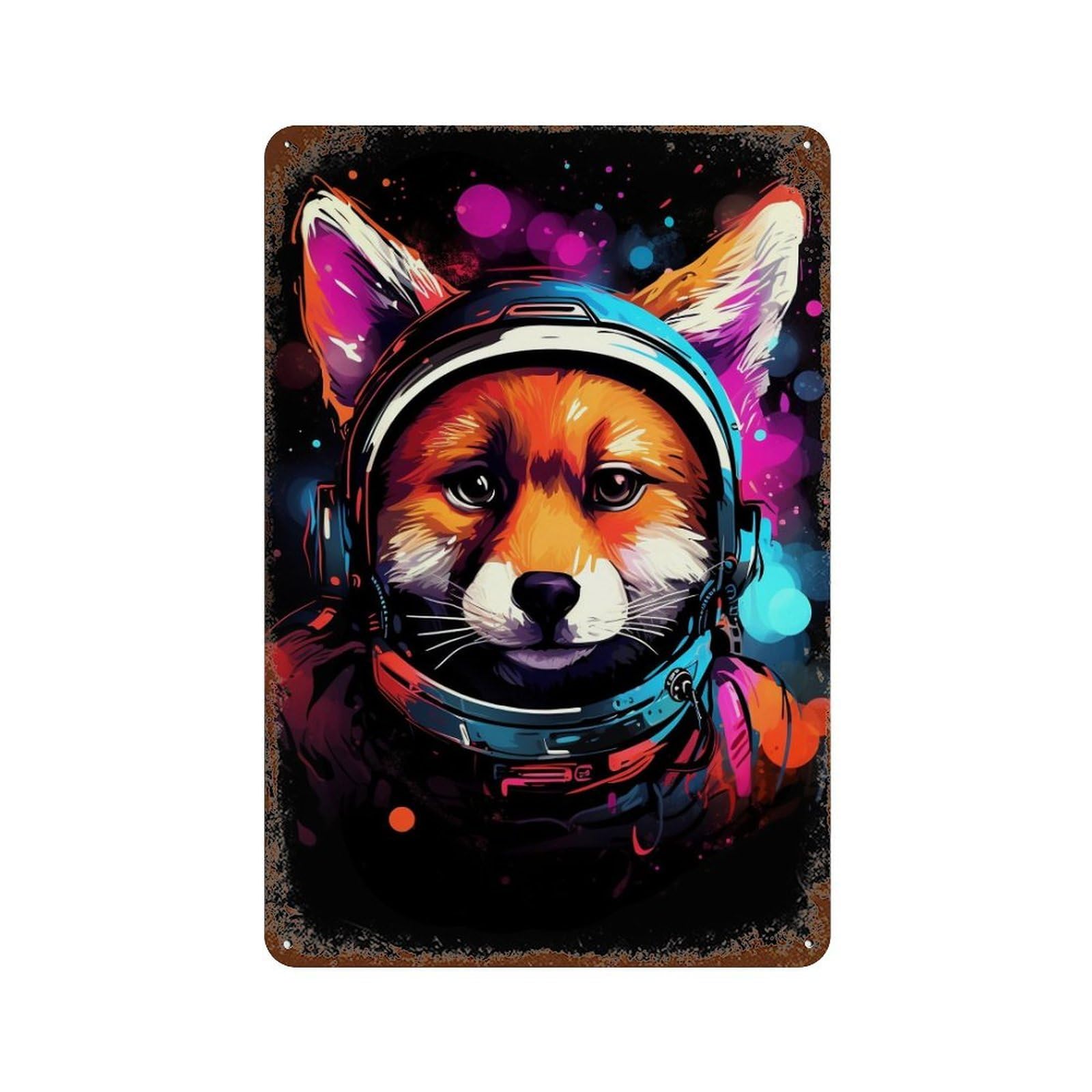 Cosmic Fox in Spacesuit Weathered Tin Sign 11.8"x7.9", Rustic Home Decor for Garage, Bar And Workshop Decor