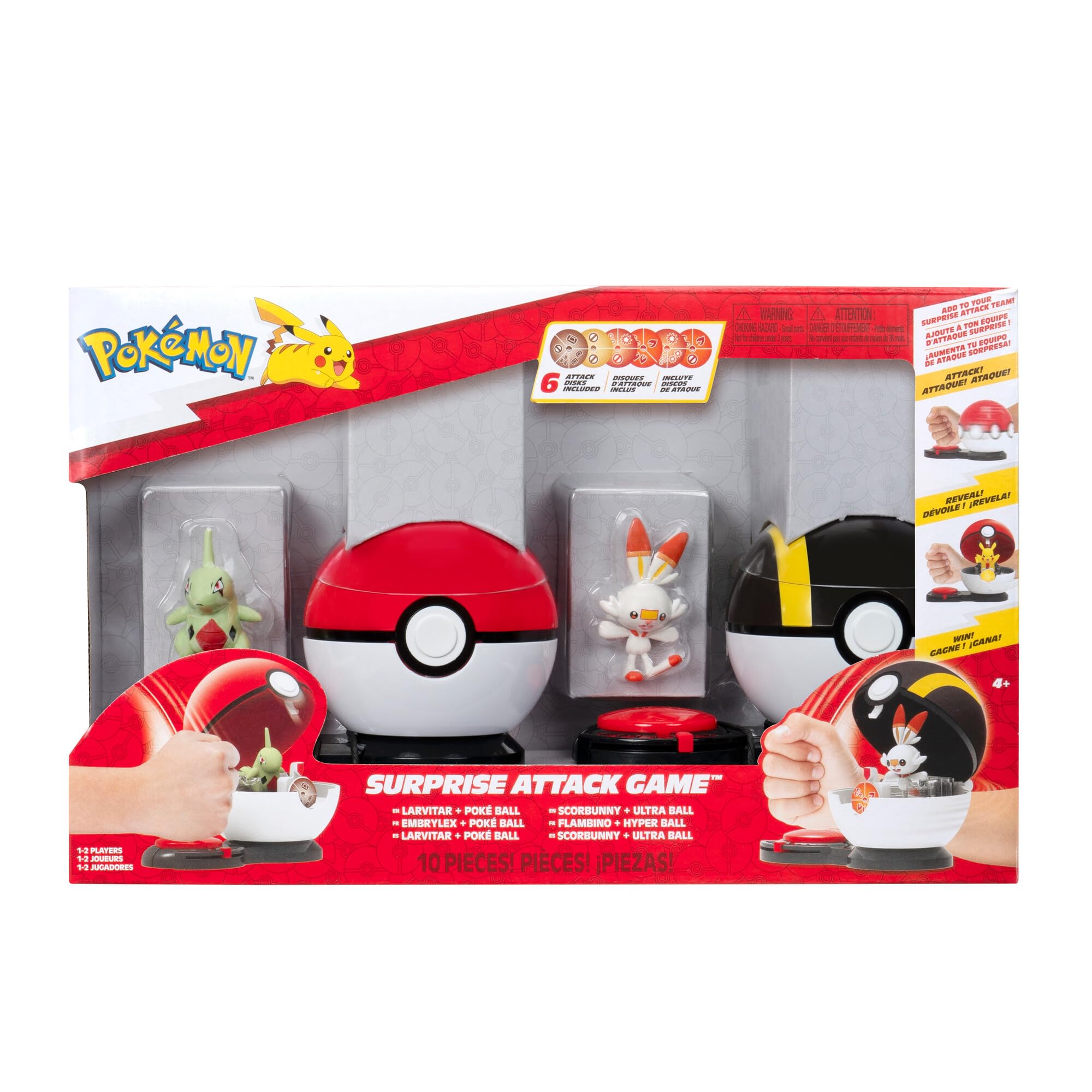 Pokemon Surprise Attack Game - 2-Inch Larvitar and Scorbunny with Poké Ball and Ultra Ball plus 6 Attack Discs