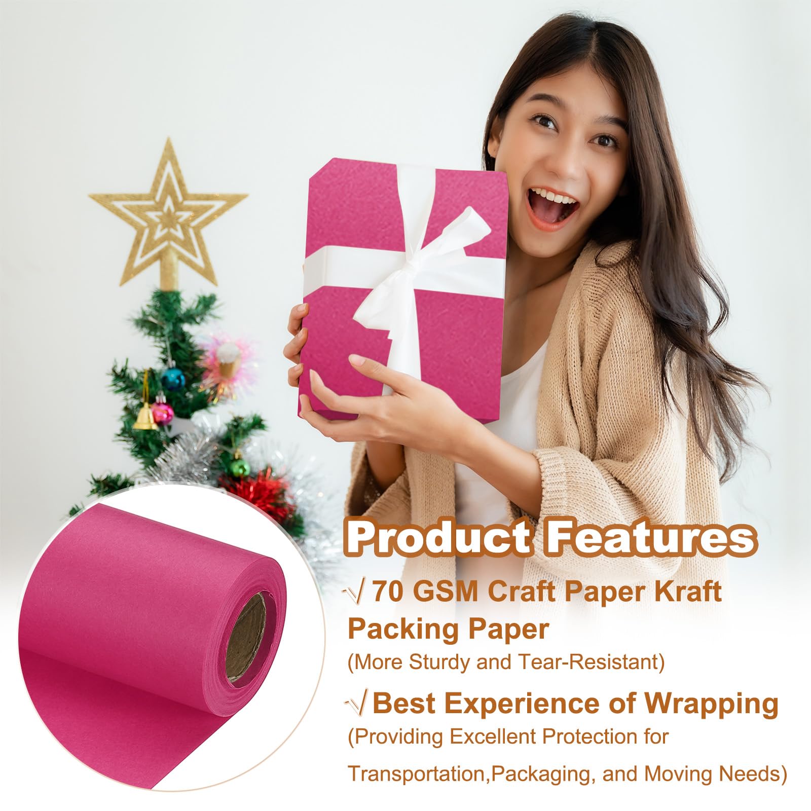 PATIKIL Wrapping Paper, 12" x 394"(33') 70 GSM Craft Paper Roll Kraft Packing Paper for Poster Bulletin Board Gift Wrapping, Dark Pink - Image 3