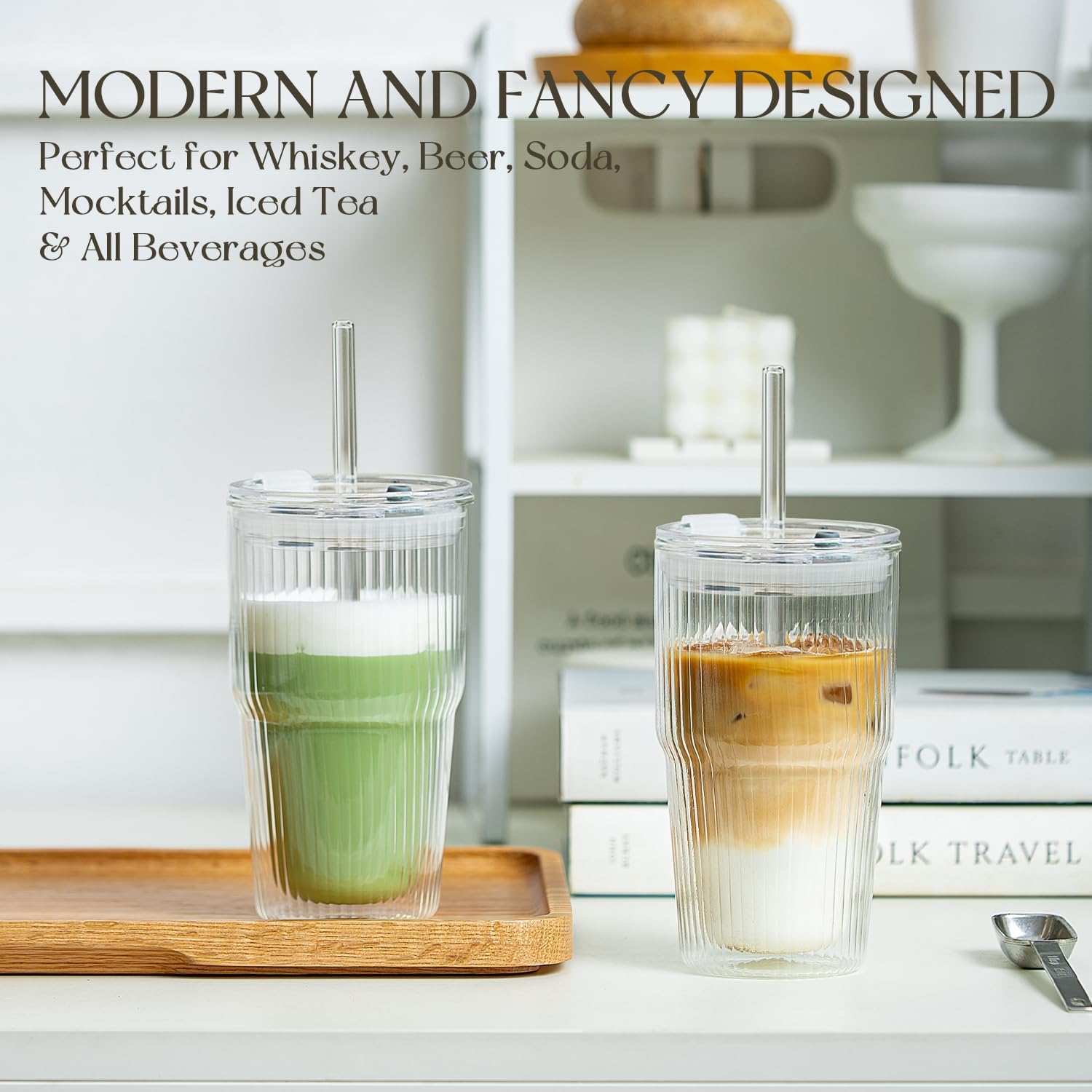 KEMORELA 16oz Ribbed Glass tumbler with Lids and Straws 2pcs,Double Wall Iced Coffee Cups with Lids,Coffee Bar Accessories, Insulated Borosilicate Glass Tumblers, To Go Coffee Cups, Spill proof - Image 2