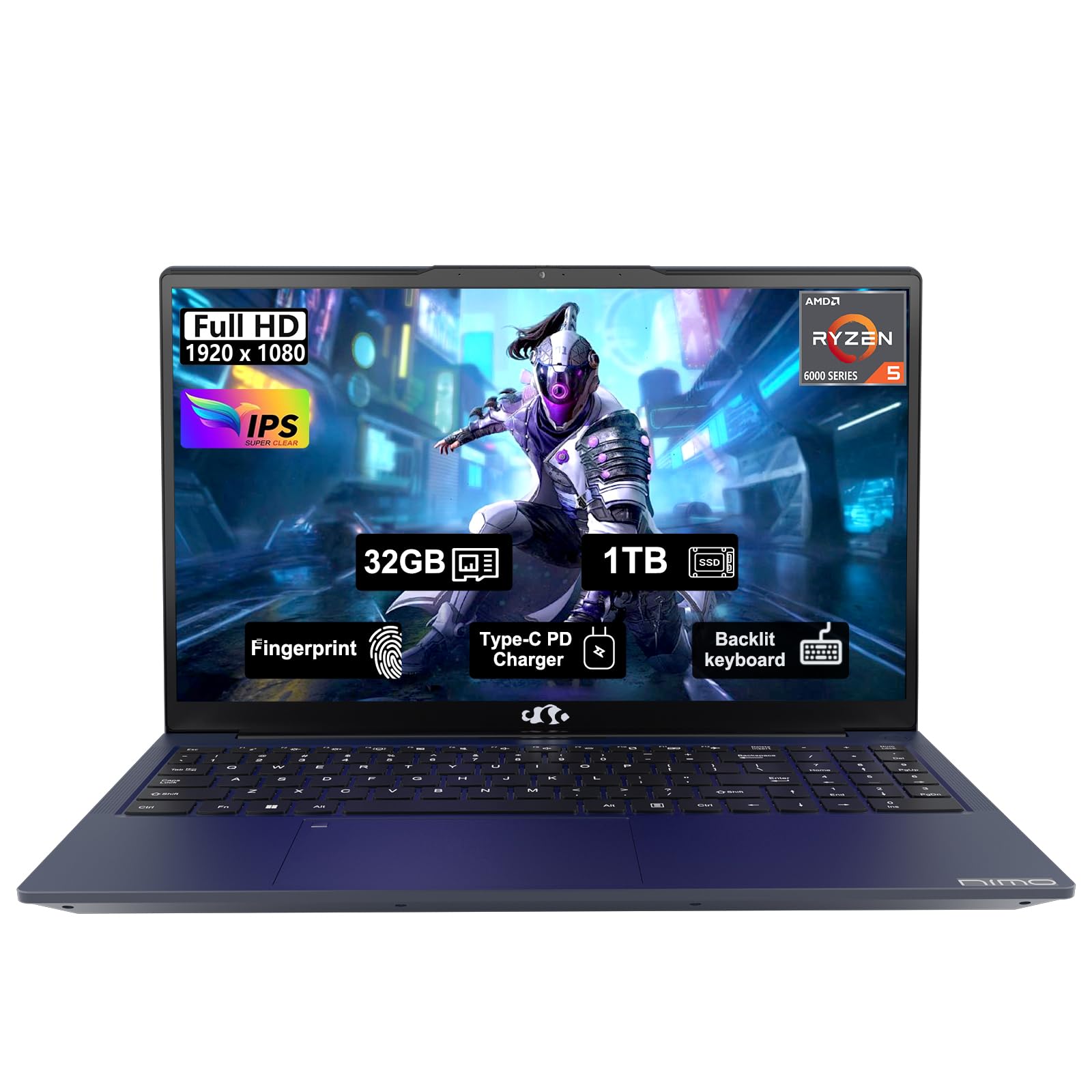 NIMO 15.6'' FHD IPS Business-Laptop-Computer - 6 Cores AMD Ryzen 5 6600H, 32GB DDR5 RAM 1TB SSD(Beat Ryzen 7 5700U, Up to 4.5GHz), 100W Type-C, 6 Cores 660M GPU, Fingerprint, Backlit Keyboard