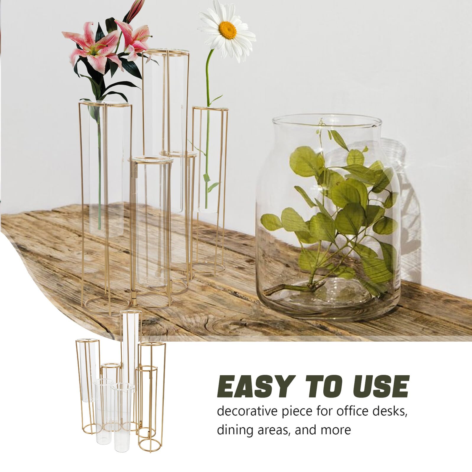 Vase Hydroponique Tubes Verre avec Support Métallique Rotatif Station de Propagation Flexible pour Fleurs et Plantes Décoratives Adapté Salon Bureau et Mariage