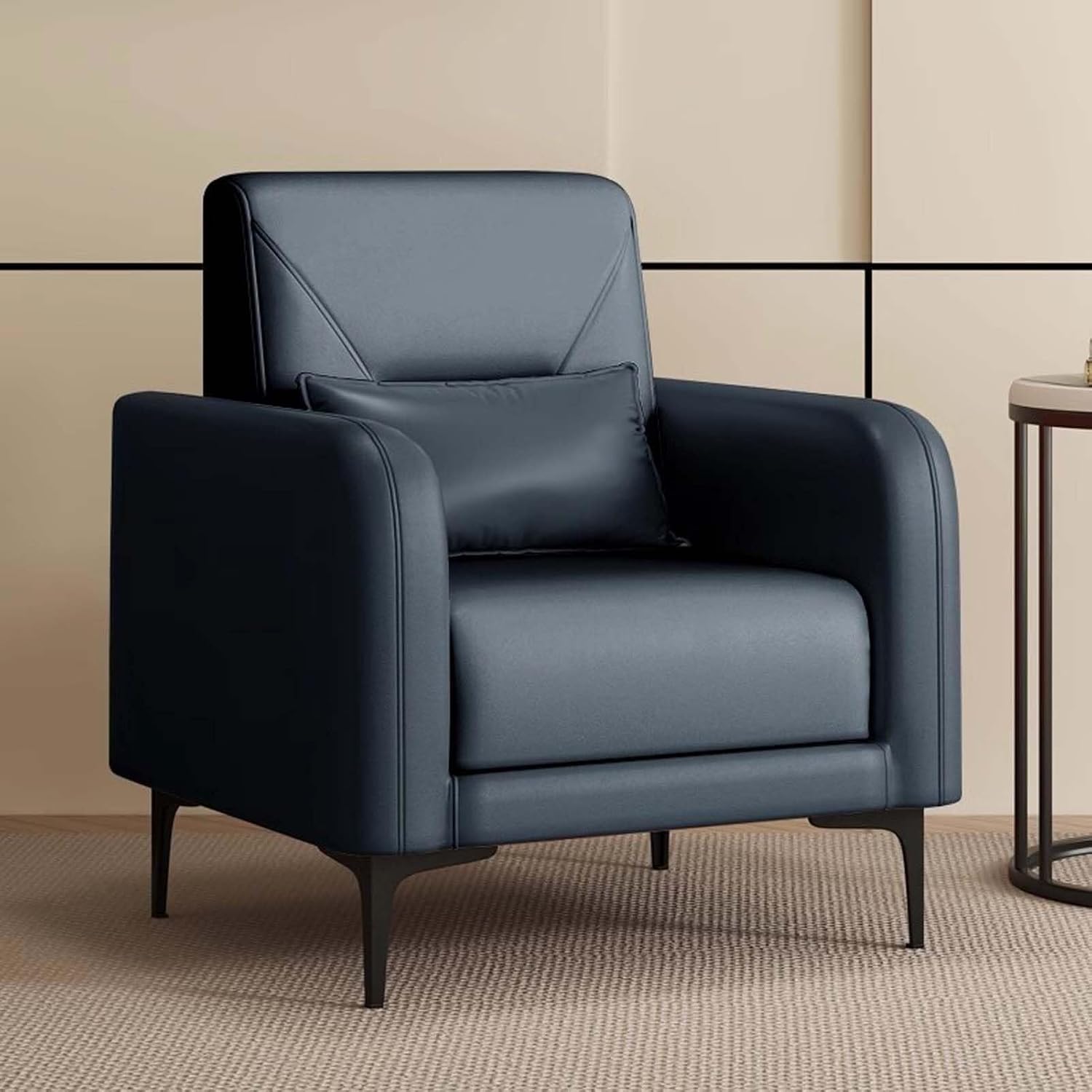 Leather Barrel Accent Chair, Upholstered Armchair with Pillow for Bedroom, Living Room, and Small Spaces, Sturdy Metal Frame, Mid-Century Design