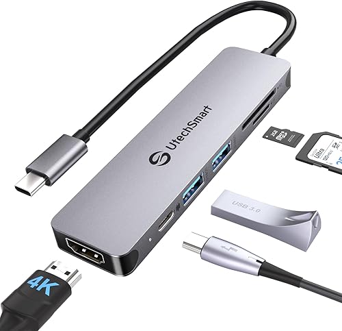UtechSmart Concentrador USB-C 6 en 1, adaptador HDMI 4K a 60Hz para MacBook ProAir, adaptador tipo C para portátil (puerto PD de 100 W, lector de