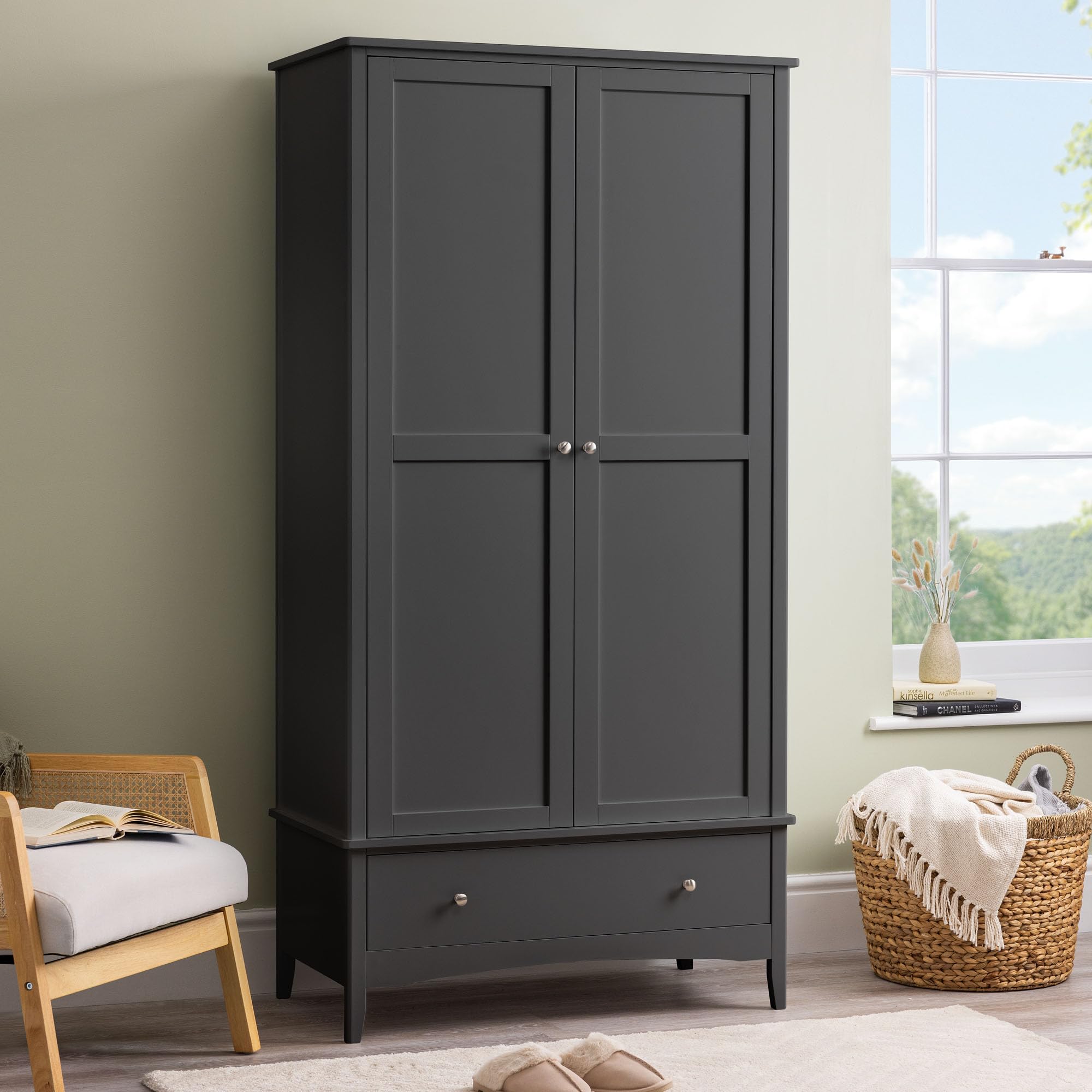 Christow Black Double Wardrobe With Drawer, Door Storage Organiser Cupboard, Modern Wooden Mdf Bedroom Furniture, Clothes Rail, Shelf, Brushed Chrome Handles, Soft Shut Hinges, 185Cm X 94.5Cm X 50Cm Size 2