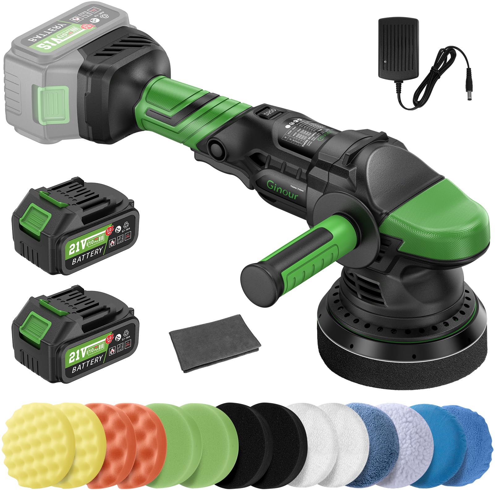 Ginour lucidatrice Auto a Batteria 21V, 900W Set lucidatrice Rotorbitale 21pcs, Eccentrica15mm Regolazione a 5 Velocità, Motore senza spazzole 2000-4600 OPM, 3Ah Batteria*2