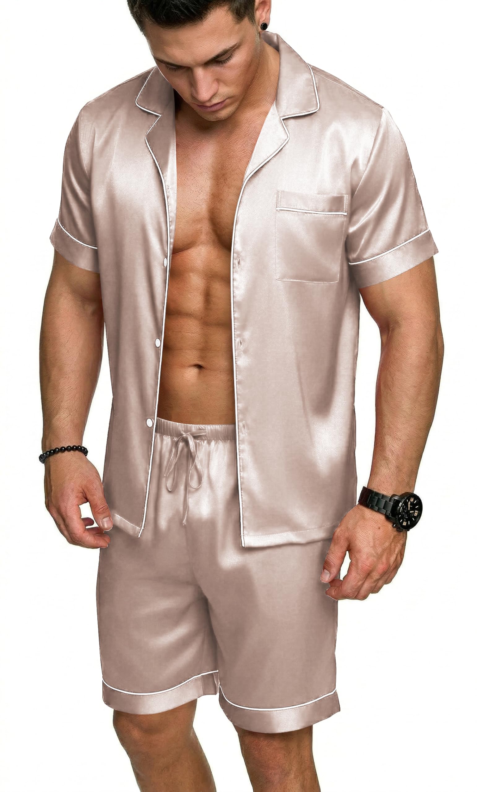 Ekouaer Mens Silk Satin Pajamas Set, Short Sleeve Sleepwear Lightweight Button Up Lounge Pjs Set with Pockets S-4XL — view 8