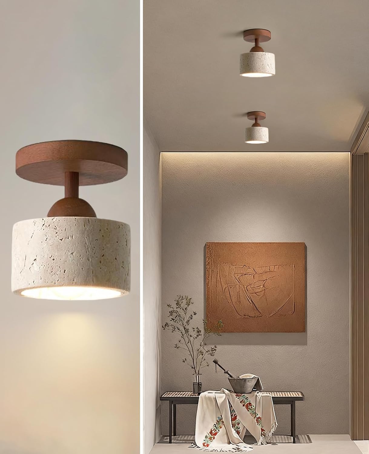 Yellow Travertine Ceiling Light, 4.7" Diameter Modern Wabi Sabi Ceiling Light Fixture with Natural Stone Lampshade Wood Base Semi Flush Mount MCM Ceiling Lamp for Bedroom Hallway(No Bulb)