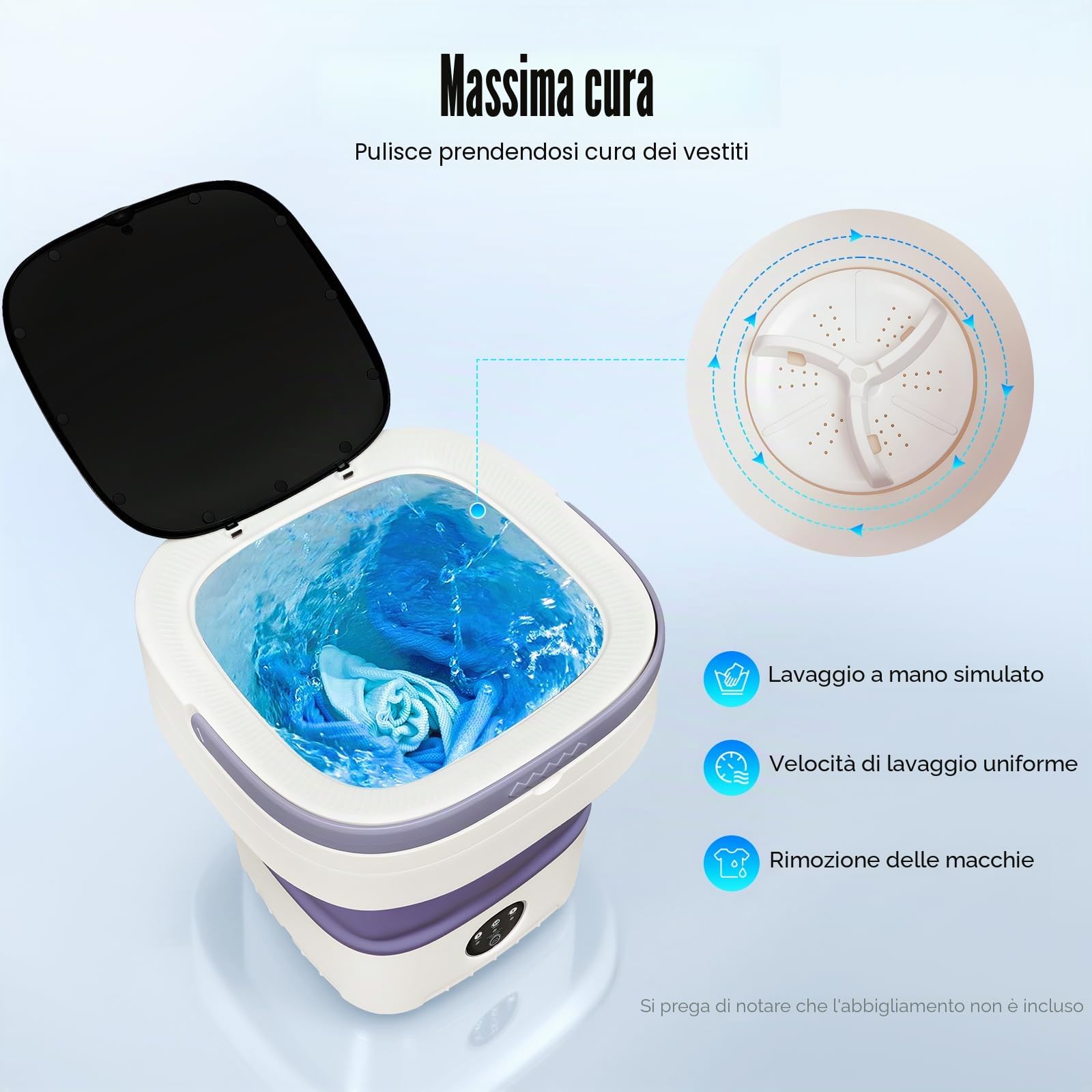Mini Lavatrice 12 LT Lavatrice Portatile con Cestello Staccabile Pieghevole 3 Modalità Pulizia Profonda, Lavatrice da Viaggio per Campeggio e Viaggio Viola