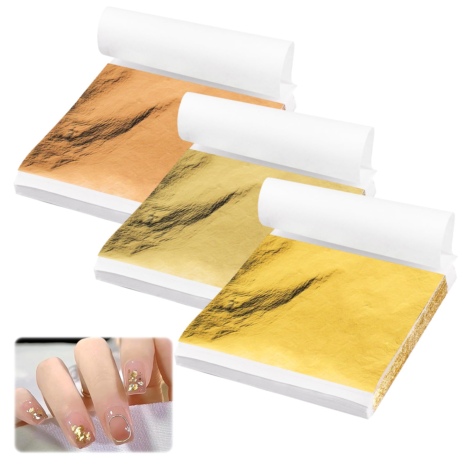300 Hojas Lámina de Oro de Imitación, 8X8,5 cm, 3 Colores, Pan de Oro Imitación para Pintar, Arte de Uñas, Maquillaje, Manualidades, Artesanía de Dorado, Decoración de Muebles, Creación de Bricolaje