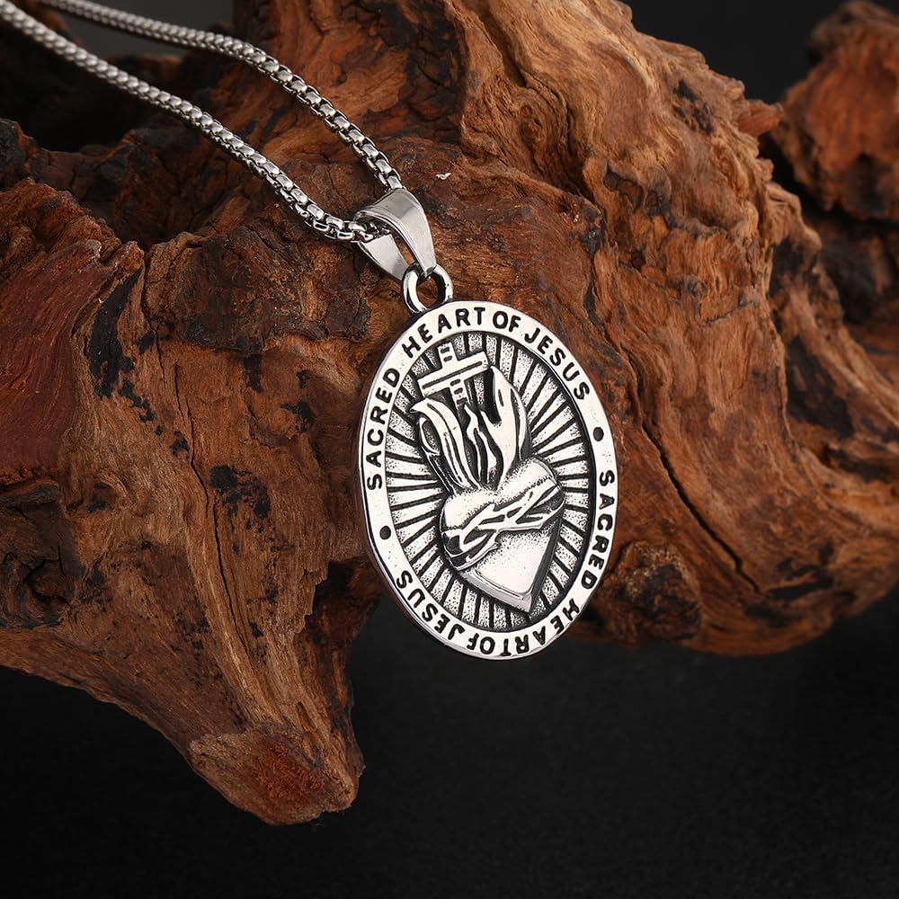 NIGHTCRUZ Sacred Heart of Jesus Necklace, Oval Religious Medal Medallion Stainless Steel with Sacred Heart and Cross - Image 2
