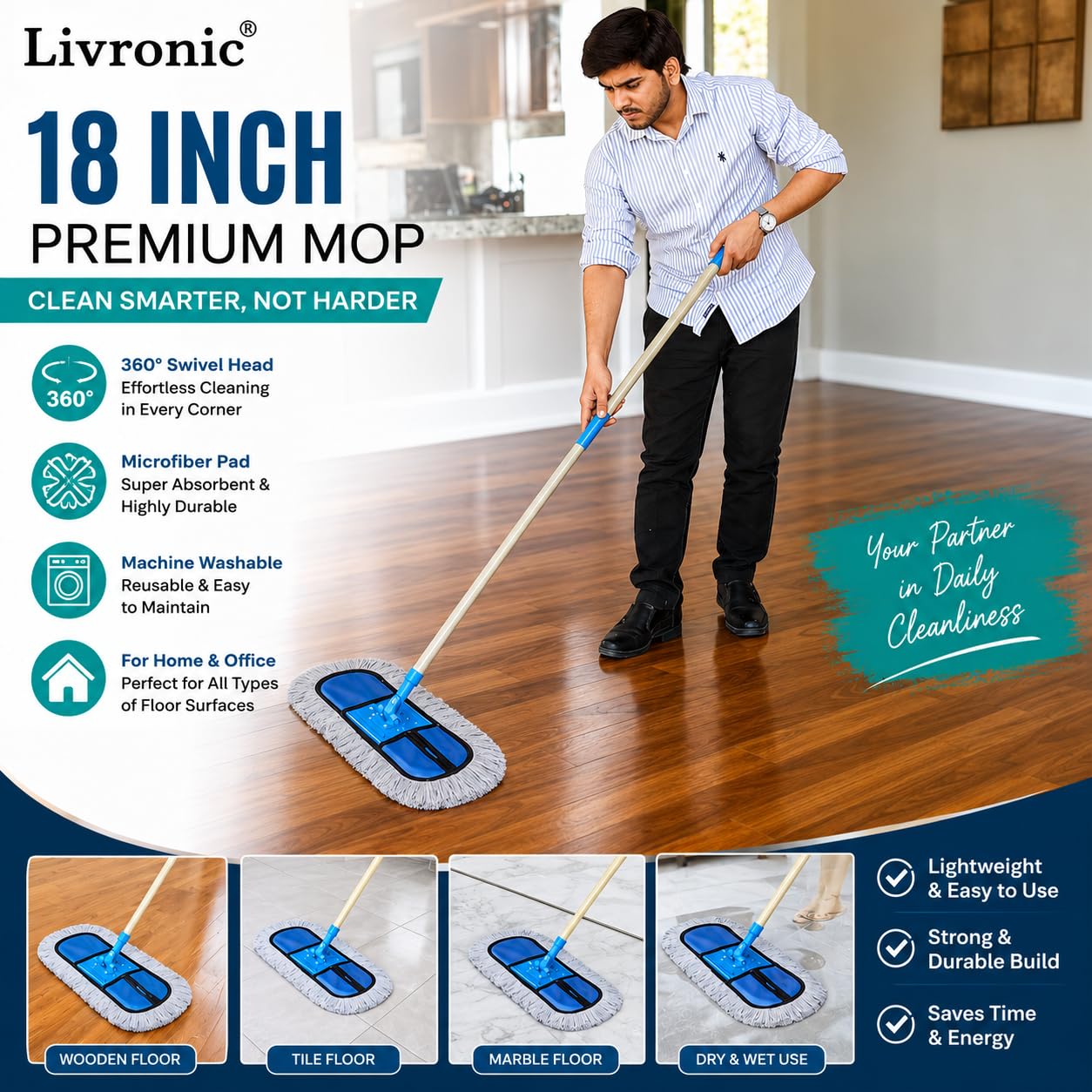 Livronic® Plastic Wet & Dry Cotton Pad Floor Mop 67x14x6(18-Inch Head) 4 Feet Telescopic Handle | Heavy-Duty Floor Cleaning Mop for Home, School, Office, Hotels, Hospitals & Industries (Pack of 1)