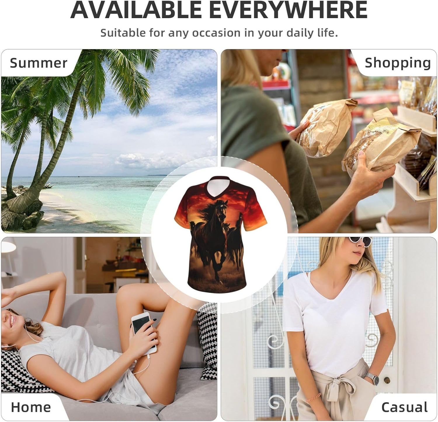 Womens Black Horses Print Short Sleeve V Neck T-Shirts Casual Breathable Tee Basic Summer Tops 2026