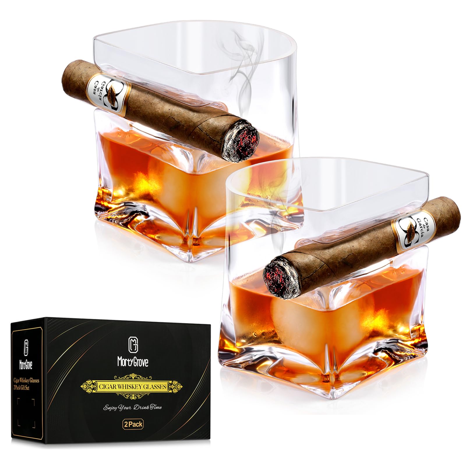 Mortygrove Whiskey Glass with Cigar Holder, Cigar Whiskey Glasses Set of 2 Crystal Whisky Glass with Indented Cigar Rest for Cocktails, Scotch, Bourbon, Cigar and Whiskey Gift Set for Men