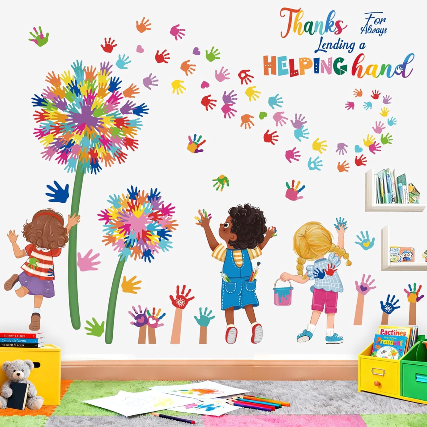 wondever Reading Corner Dandelion Wall Stickers Kids Handprint Inspirational Motivational Quotes Peel and Stick Wall Art Decals for School Classroom Kids Room
