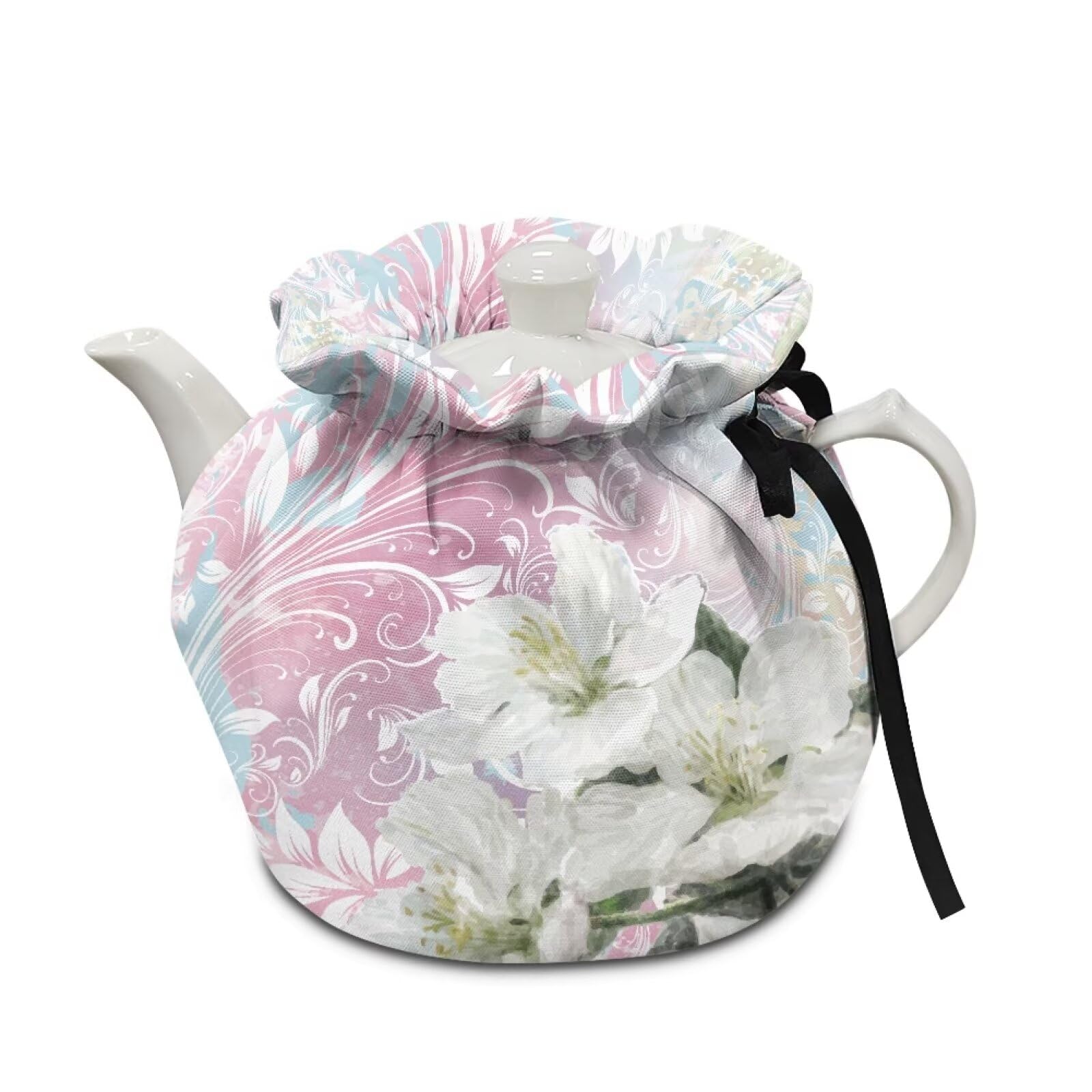 Elegant Floral Tea Pots Cosy Cotton Breakfast Tea Pot Cover Kitchen Tea Pot Dust Cover with Elastic Band Drawstring Kettle Covers Home Family Decorative Accessories