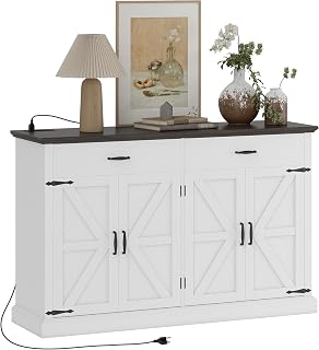 HOMCOM Farmhouse Sideboard Buffet Cabinet with Charging Station and 1.2" Thick Top, 55" Kitchen Coffee Bar Cabinet with 4 Barn Doors, 2 Drawers and 2 Adjustable Shelves, White