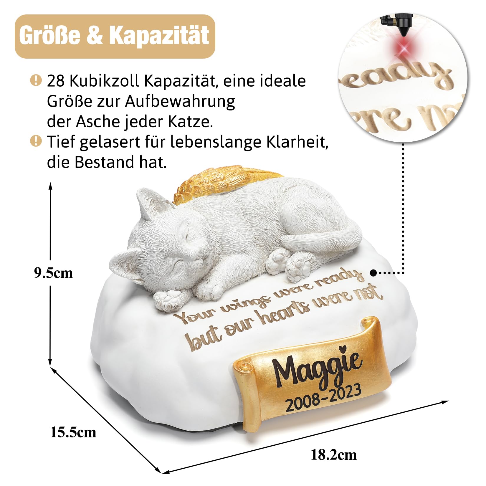 Personalisierte Urne Katze, Tierurnen für Katze mit Gravur des Namens, Datums und Zitats Ihres Haustiers, Katzenurnen aus Harz