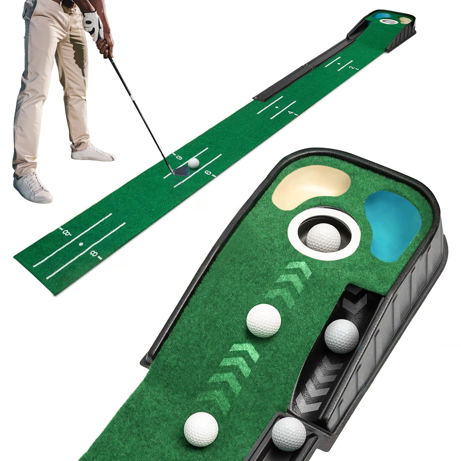 Tapis de golf d'intérieur vert avec retour automatique de balle et 3 trous, infroissable proche de la vraie vitesse verte, tapis de golf adapté pour bureau, salle de loisirs, terrasse
