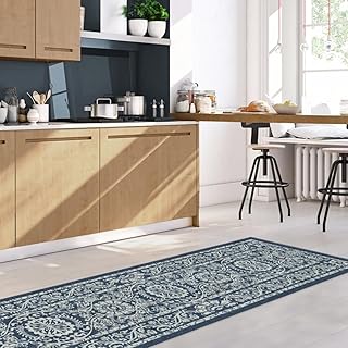 RUGGABLE Machine Washable Runner Rug – Delphina Navy Blue 2.5x10, Stain-Resistant, Non-Slip – Washable Rug for Hallway, Entryway, Living Room & Kitchen–with Cushioned Pad