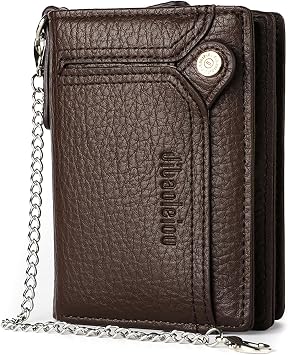 Mens Wallet with 2 Pcs Chains Faux Leather Bifold Wallet RFID Blocking | Zipper Coin Pocket Purse with Double Anti-Theft Chain, 11 Card Slots, ID Window for Biker, Motorcycle, Gift Box, Men Gift