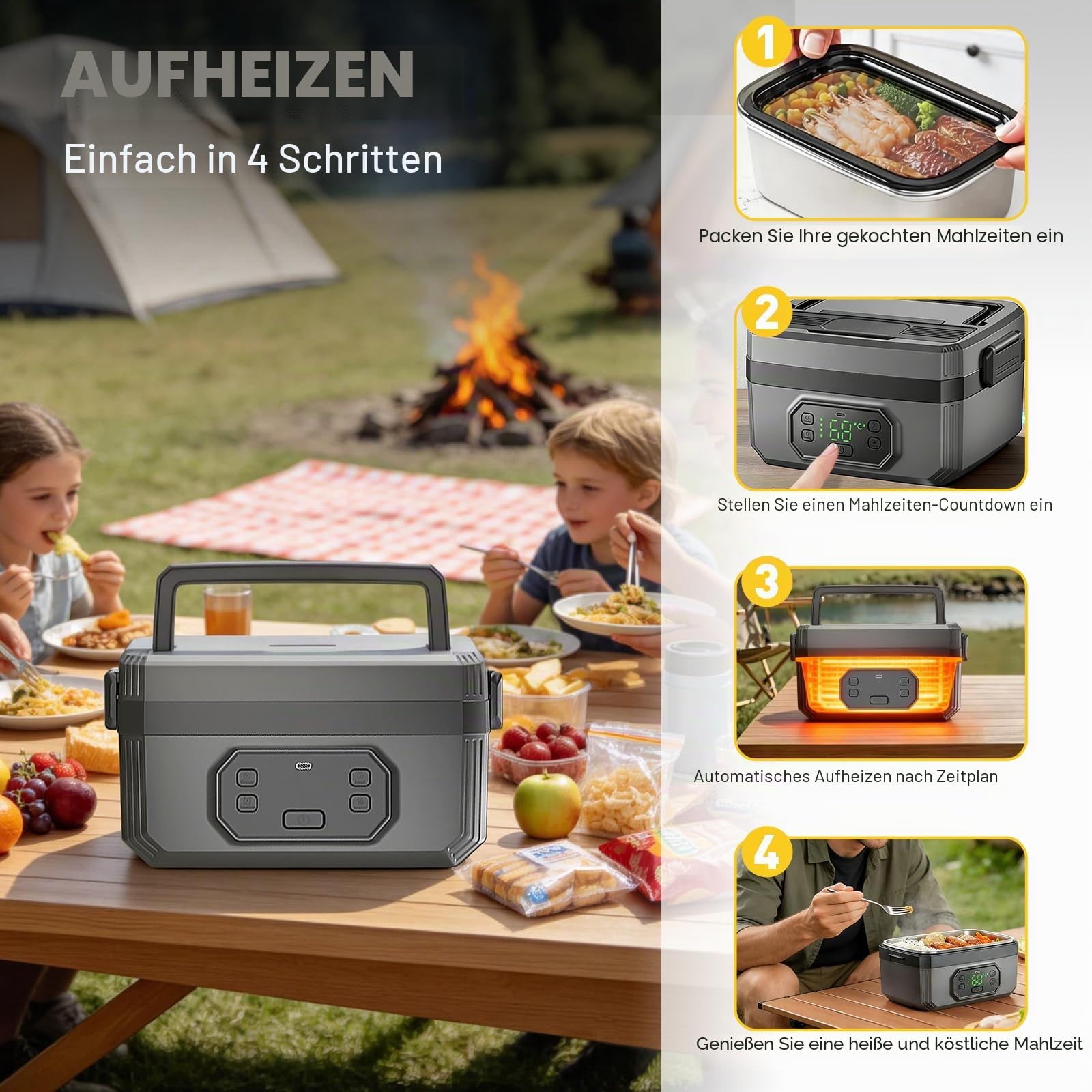 LIROPAU Elektrische Lunchbox, 1.6L Tragbare Elektrische Lunchbox | mit Timer und einstellbarer Heizfunktion, Electric Lunch Box für Arbeit Familie Camping Büro Auto Reisen Auf baustellen